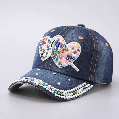 Women Fashion Denim Baseball Cap Sparkly Rhinestone Pearl Heart Butterfly LOVE Pattern Adjustable Cotton Washed Sun Hat Streetwear