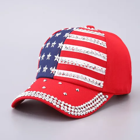 Fashion USA Flag Rhinestone Baseball Cap For Women Men Studded USA Letter Sparkly Cotton Adjustable Snapback Sun Hat Daily