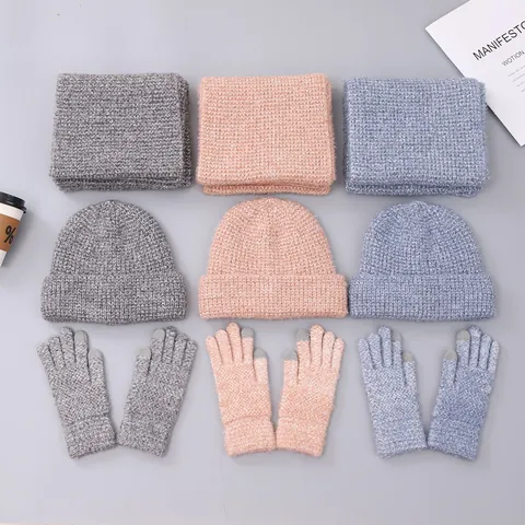 Winter Knitted Warm Beanie Hat With Pompom Long Scarf And Touchscreen Gloves Fleece Lined Outdoor Accessories For Women
