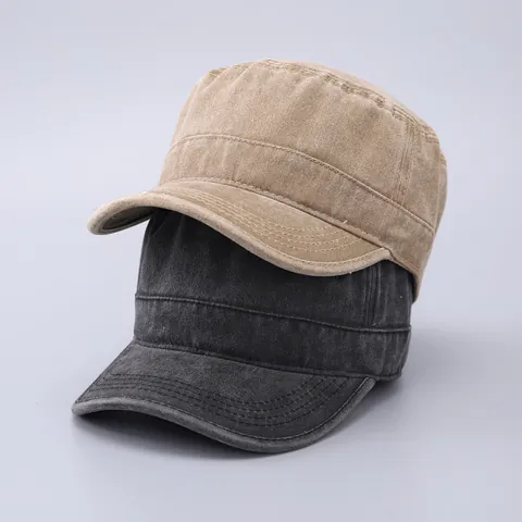 Washed Cotton Cadet Cap Vintage Military Flat Top Hat Adjustable Solid Color Sun Protection Outdoor Casual Men Women Cap