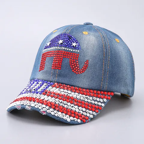 Women Fashion Rhinestone Denim Baseball Cap Sparkly Butterfly Elephant Pattern Washed Cotton Adjustable Sun Hat Shiny Gemstone Hat