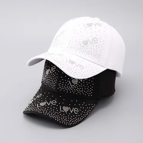 Women's Fashion Rhinestone LOVE Letter Baseball Cap Adjustable Cotton Denim Heart Pattern Sunshade Hat Casual Bling Headwear