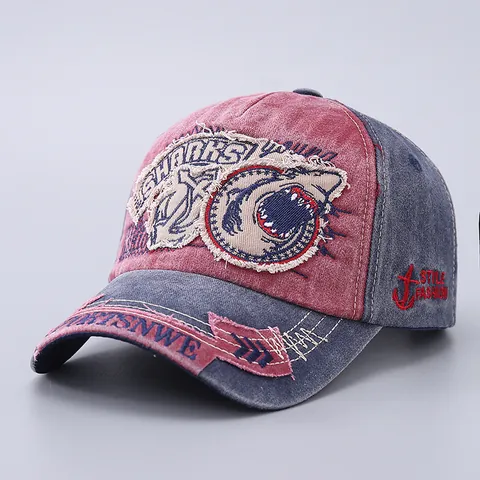Vintage Washed Cotton Baseball Cap For Men Women Distressed Embroidery Bull Skull Shark Patch Retro Streetwear Trucker Hat