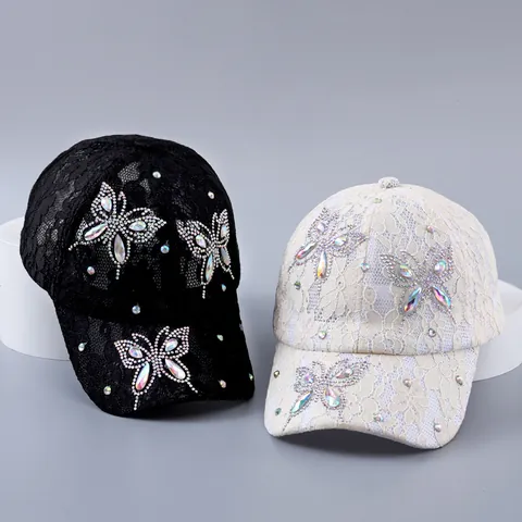 Women Elegant Lace Baseball Cap Rhinestone Butterfly Flower Breathable Sun Hat Adjustable Fashion Hollow Mesh Outdoor Hat