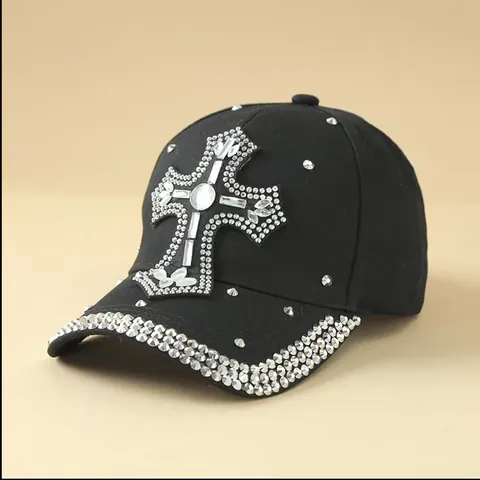 Cappellino da Baseball da Donna con Croce di Strass Gothic Rock in Cotone Tesa Curva Parasole con Rivetti Streetwear Moda