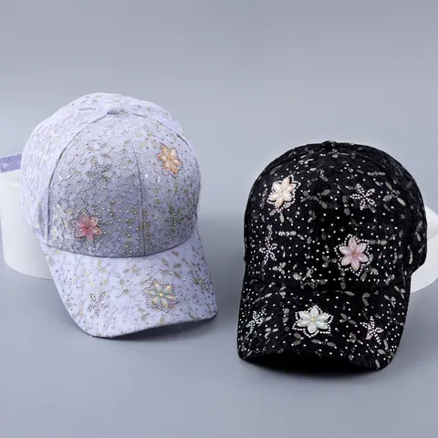 Women Elegant Lace Baseball Cap Rhinestone Butterfly Flower Breathable Sun Hat Adjustable Fashion Hollow Mesh Outdoor Hat