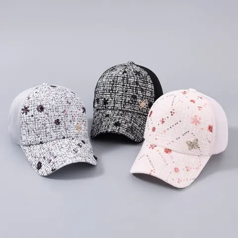 Women's Sequin Butterfly Tweed Baseball Cap Breathable Mesh Back Sunshade Hat For Summer Spring Fashion Casual Cap