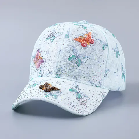 Damen Spitze Schmetterling Libelle Baseballkappe Strass Atmungsaktiv Sommer Sonnenschutz Verstellbare Gebogene Krempe Süßer Modehut