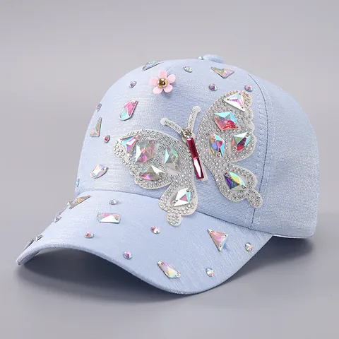 Women Rhinestone Butterfly Baseball Cap Polyester Sequin Flower Adjustable Sun Hat Fashion Outdoor Decorative Accessory