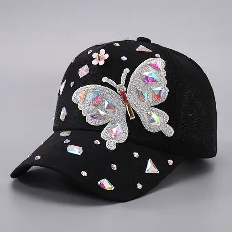 Women Rhinestone Butterfly Baseball Cap Polyester Sequin Flower Adjustable Sun Hat Fashion Outdoor Decorative Accessory