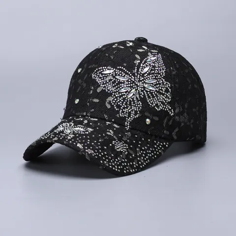 Dames Mode Kant Ademend Honkbalpet Elegant Strass Vlinder Gebogen Rand Verstelbaar Zonbescherming Hoed Polyester Pet