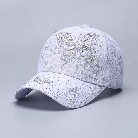 Dames Mode Kant Ademend Honkbalpet Elegant Strass Vlinder Gebogen Rand Verstelbaar Zonbescherming Hoed Polyester Pet
