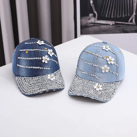 Cappellino da Baseball in Denim Elegante da Donna Con Strass e Decorazione Floreale 3D Cappello Trucker in Cotone Per Esterno