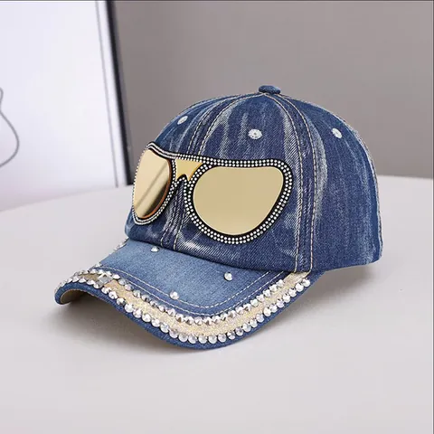 Berretto da Baseball in Denim con Occhiali da Sole in Strass Donna Cotone Lavato Cappello Parasole Regolabile Streetwear