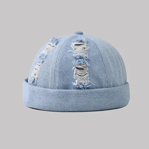 Washed Denim Docker Hat Vintage Ripped Brimless Beanie For Men Women Adjustable Retro Hip Hop Streetwear Cap