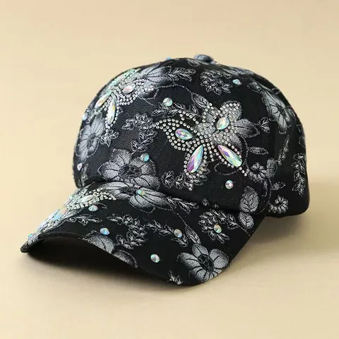 Lace Flower Rhinestone Butterfly Baseball Cap Elegant Women Sun Hat Adjustable Summer Breathable Mesh Fashion Headwear