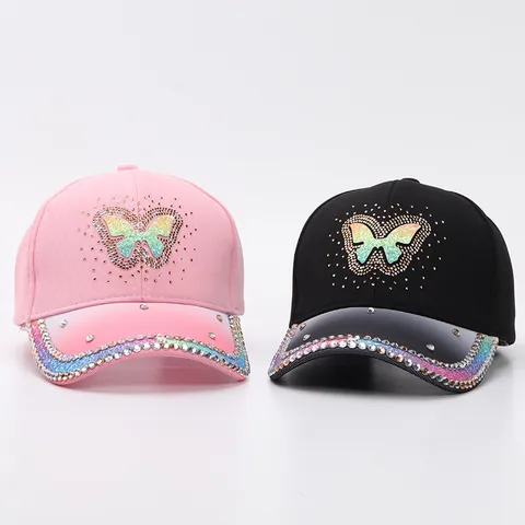 Berretto da Baseball da Donna alla Moda con Farfalla Cuore Sposa Strass Sfumato Glitter Regolabile per Feste Matrimoni