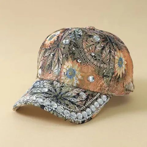 Gorra de Béisbol de Lujo con Estampado Floral y Diamantes de Imitación para Mujer Estilo Coreano Encaje Protección Solar Moda Ajustable Gorra para el Aire Libre