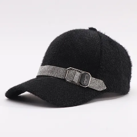 Berretto da Baseball in Ecopelliccia di Visone da Donna Invernale Caldo Decorazione Cintura Strass Moda All'aperto Regolabile