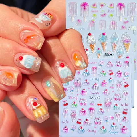 3D Embossed Nail Art Stickers Japanese Sweet Candy Ice Cream Dessert Patterns Macaron Color Self Adhesive Manicure Decals