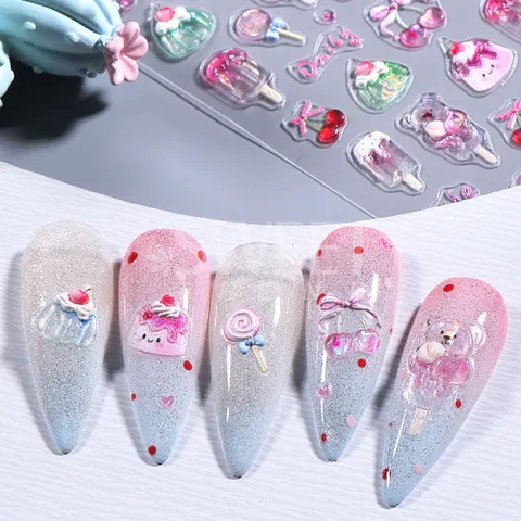 3D Embossed Nail Art Stickers Japanese Sweet Candy Ice Cream Dessert Patterns Macaron Color Self Adhesive Manicure Decals
