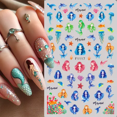 Adesivi per Nail Art 3D Tema Oceano Sirena Delfino Pesce Rosso Corallo Modello Adesivo Manicure Decalcomanie per Donna DIY