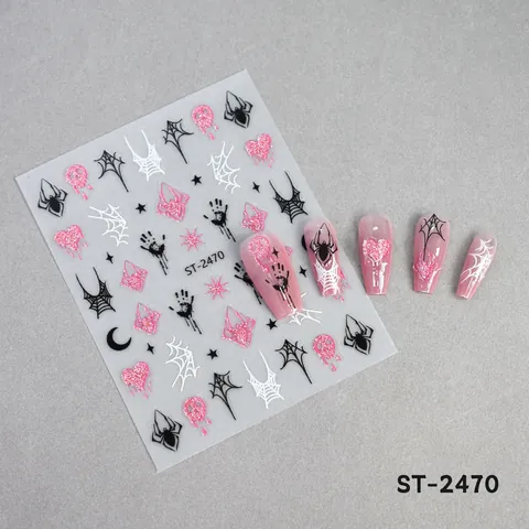 Pegatinas de Uñas de Halloween Brillantina Rosa Fantasma Calabaza Arañas Murciélago Gótico Divertido Calcomanías para Mujeres