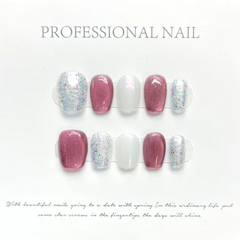 Uñas Postizas a Presión Ojo de Gato Hechas a Mano Ciruela Gelatina Blanco Perla Artificial Lentejuelas Corto Cuadrado Redondo Reutilizables Mujer