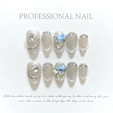 Luxury Almond Cat Eye Press On Nails With Heart Star Rhinestone Handmade Silver Nude Pink Decorative Fake Nails For Women