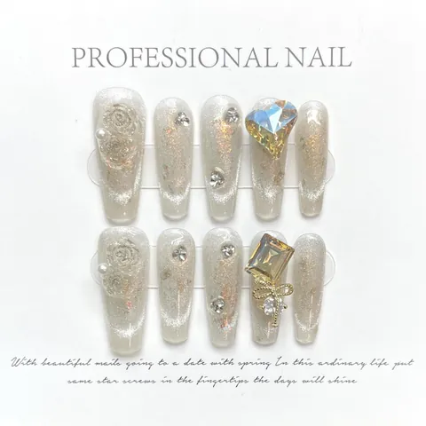 Handmade Luxury Cat Eye Zircon Long Coffin Press On Nails With 3D Rose Pearl Heart Rhinestone Decorative Fake Nails Women