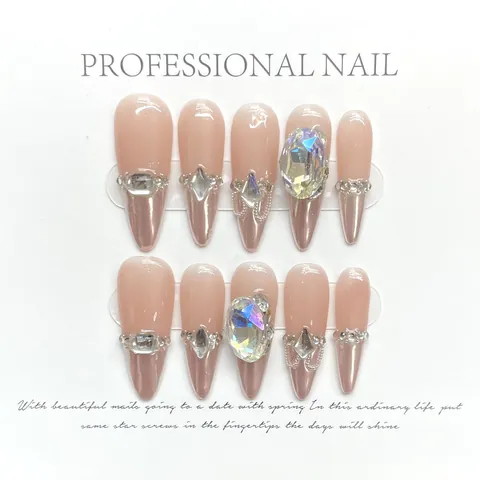 Handmade Luxury Press On Nails Rhinestone Chain Mirror Cat Eye Stiletto Almond Fake Nails For Women Party Manicure Decoration
