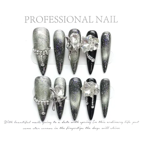 Handgefertigte Dark Gothic Aufklebbare Nägel Lang Stiletto Schwarz Katzenauge Schmetterling Strass Luxus Künstliche Nägel Damen Schmuck