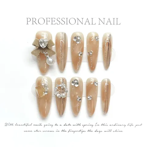 Handmade Ice Amber Marble Press On Nails Long Almond Shape With Bow Pearl Rhinestone Decoration Elegant Fashion Nail Tips