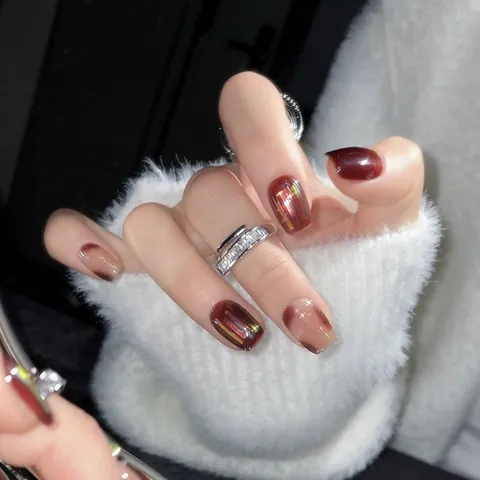 Handmade Autumn Maple Leaf Press On Nails Vintage Wine Red Amber Cat Eye Gradient Smudge Short Square Round Fake Nails