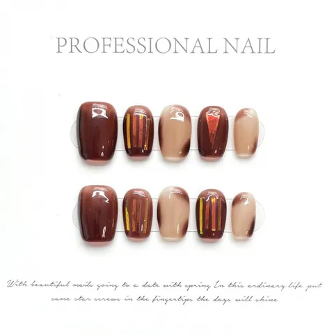 Handmade Autumn Maple Leaf Press On Nails Vintage Wine Red Amber Cat Eye Gradient Smudge Short Square Round Fake Nails