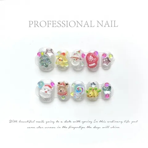 Uñas Postizas 3D de Navidad Hechas a Mano Cortas Cuadradas con Purpurina Papá Noel y Reno para Mujer Fiesta de Navidad