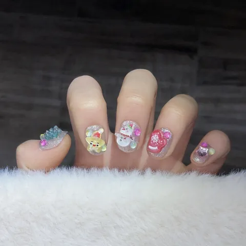 Uñas Postizas 3D de Navidad Hechas a Mano Cortas Cuadradas con Purpurina Papá Noel y Reno para Mujer Fiesta de Navidad