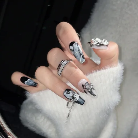Handmade Press On Nails New Chinese Gothic Style Black White Ink Wash Marble Silver Dragon Yin Yang Charms Alloy Chain Rhinestone Artificial Fake Nails For Women