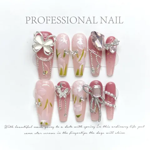 Handmade Luxury Pink Gradient Butterfly Press On Nails With Rhinestone Bow Artificial Pearls Long Coffin Shape Fake Nails For Women