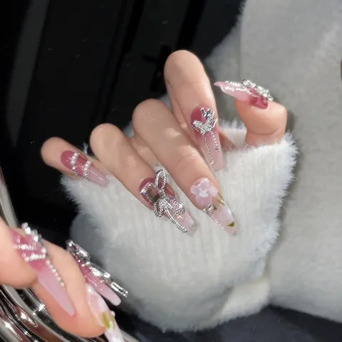 Handmade Luxury Pink Gradient Butterfly Press On Nails With Rhinestone Bow Artificial Pearls Long Coffin Shape Fake Nails For Women