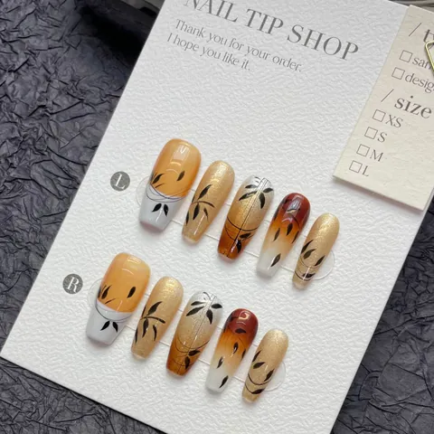 New Chinese Style Handmade Press-on Nails Autumn Maple Leaf Gradient Orange Brown Long Coffin Fake Nails With Glitter For Women