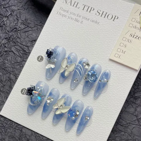 Handmade Press On Nails With 3D Butterfly Rhinestone Artificial Pearl Decor Gradient Marble Stiletto Fake Nails For Women Jewelry