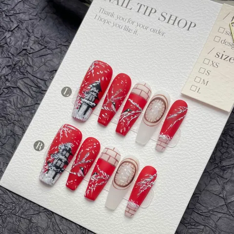 Forbidden City Winter Snow Red Hand-Painted Press On Nails Long Coffin Shape Handmade Ancient Architecture Bird Pattern Fake Nails Set For Women
