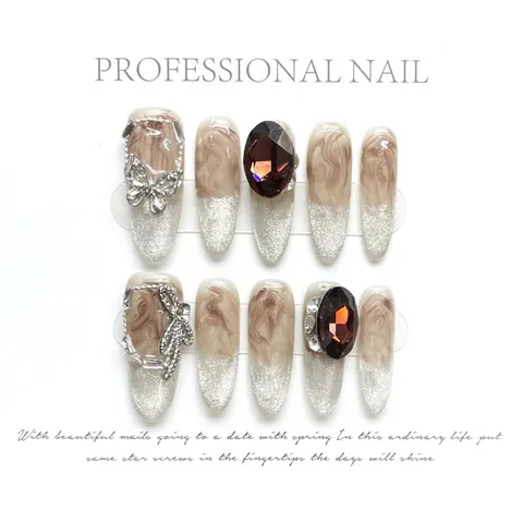 Handmade Amber Cat Eye Press On Nails Vintage Luxurious Marble Pattern Bow Rhinestone Inlaid Long Almond Fake Nails Women Jewelry