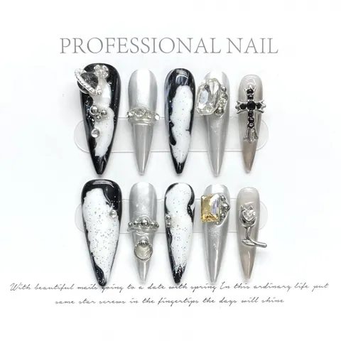 Women Handmade Press On Nails Long Stiletto Coffin Gradient Marbling Art Resin Alloy Rhinestone Punk Cyber Gothic Manicure