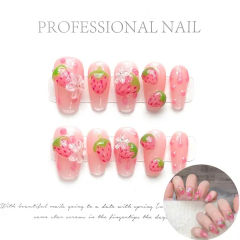 Handgefertigt Erdbeere Pink Künstliche Nägel Süß 3D Erdbeere Blume Dekor Medium Quadratisch Rund Falsche Nägel Für Damen