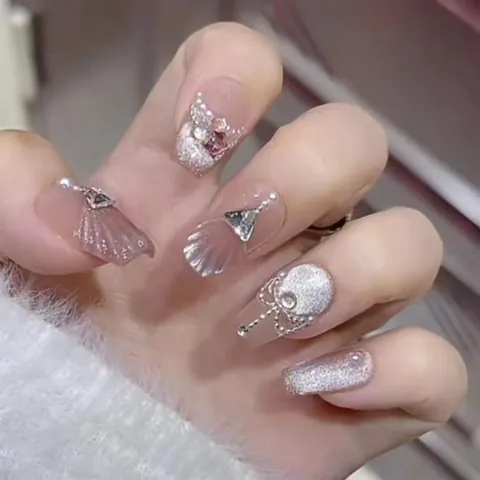 Handmade Press On Nails French Fairy Style 3D Bow Flower Artificial Pearl Rhinestone Long Coffin Nails For Women Party Decoration Jewelry