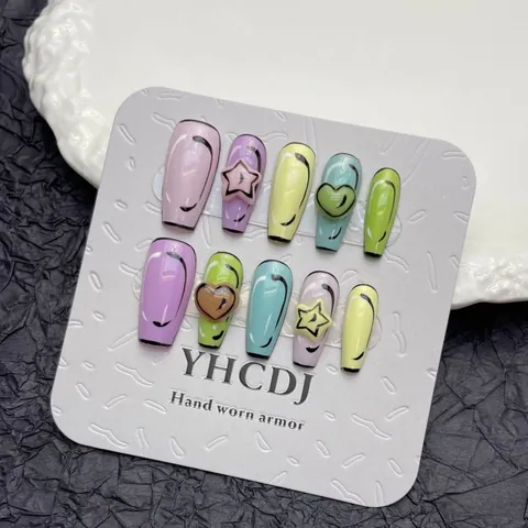 Handmade 2D Anime Style Macaron Color Press On Nails With 3D Heart Star Decorative Reusable Sweet Fashion False Nails For Women