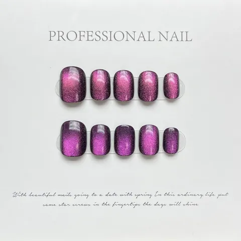 Handmade Purple Laser Cat Eye Press On Nails Short Round Square Gradient Rainbow Shimmer False Nails For Women Daily Manicure
