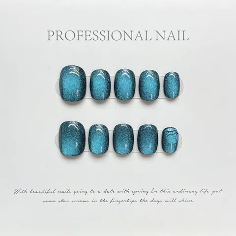 Handmade Short Round Square Press On Nails Cat Eye Magnetic Glitter False Nails Professional Salon Daily Manicure For Women